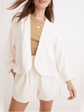 Madewell Linen-Blend Open Front Cropped Robe Jacket In Ivory/Buttercream Size M